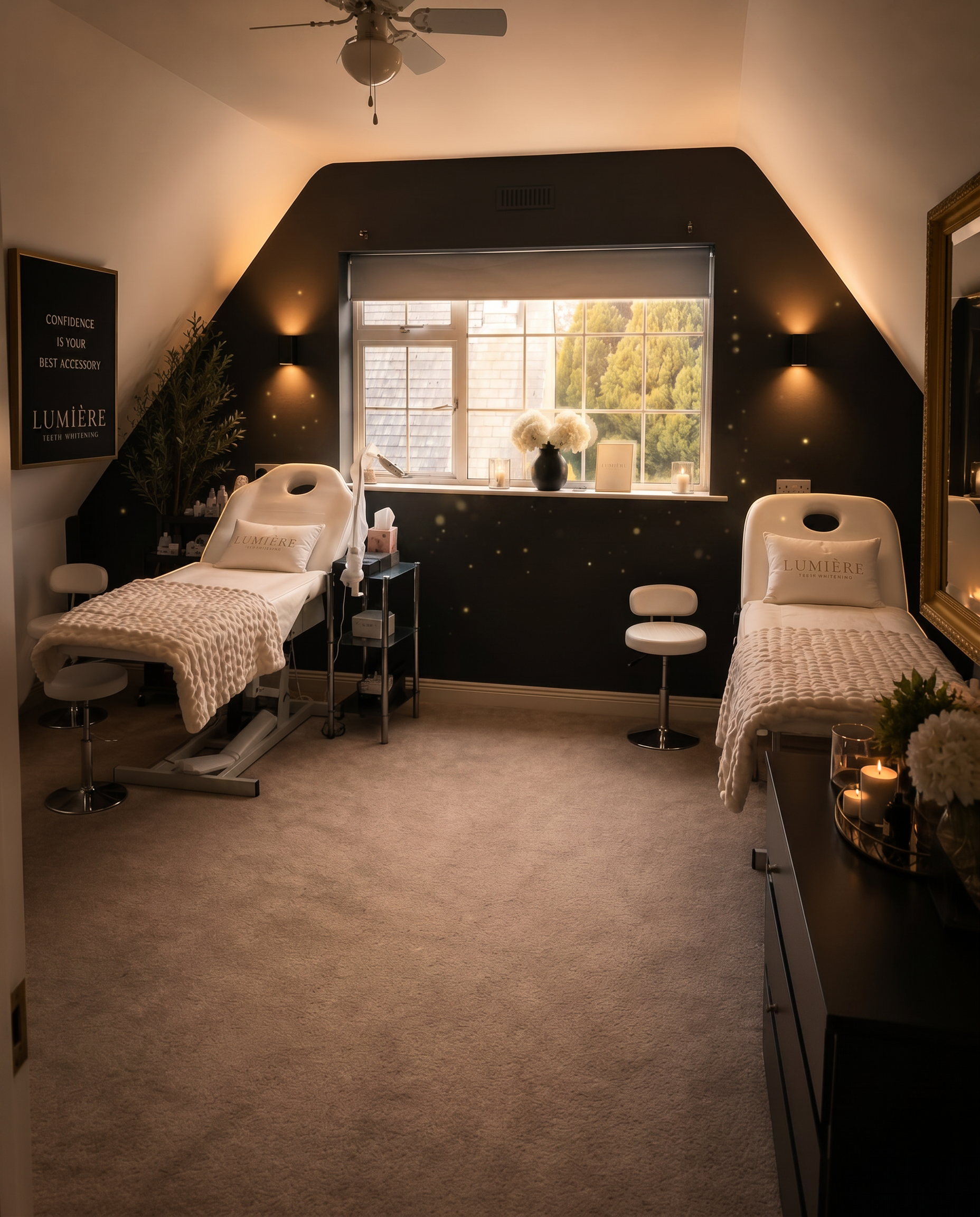 Inside the Lumiere Teeth Whitening Studio in Kildare — a calm, candlelit boutique treatment room