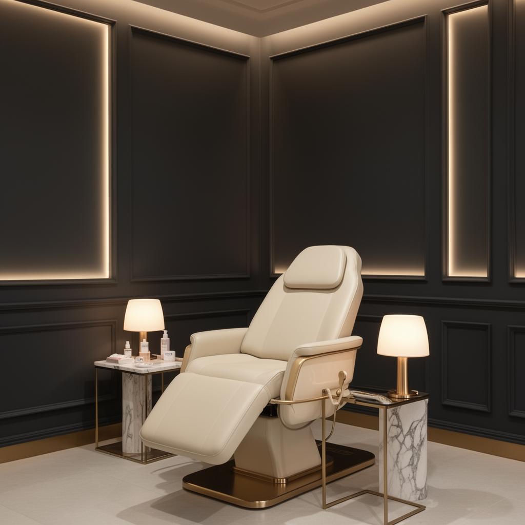 Dark luxury teeth whitening studio interior with champagne gold accents